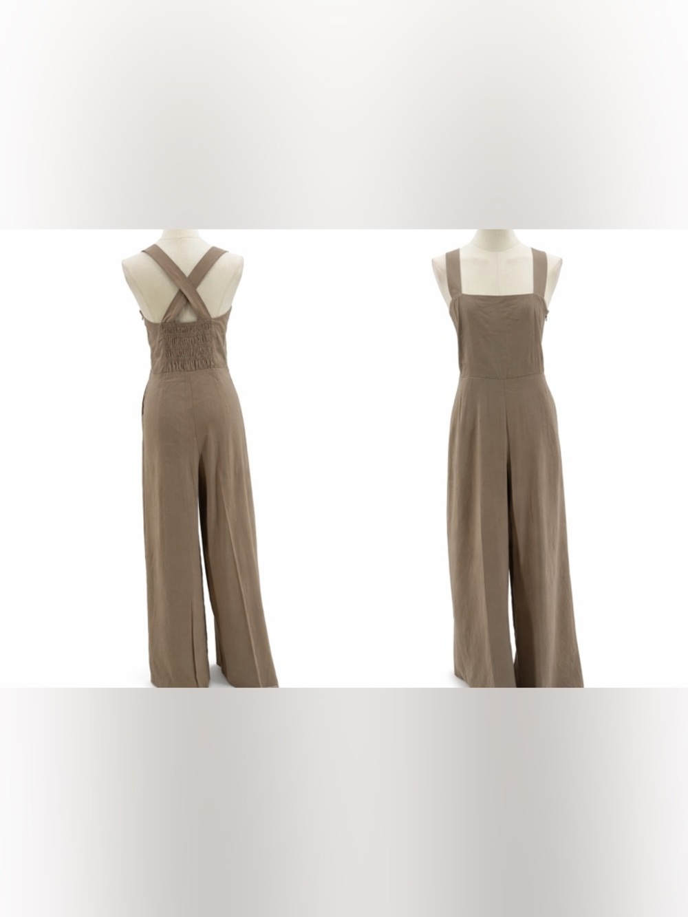 Theory Taupe Wide Leg Jumpsuit Crisscross Back Smocked Bodice Sleeveless Size 6 - Picture 2 of 11